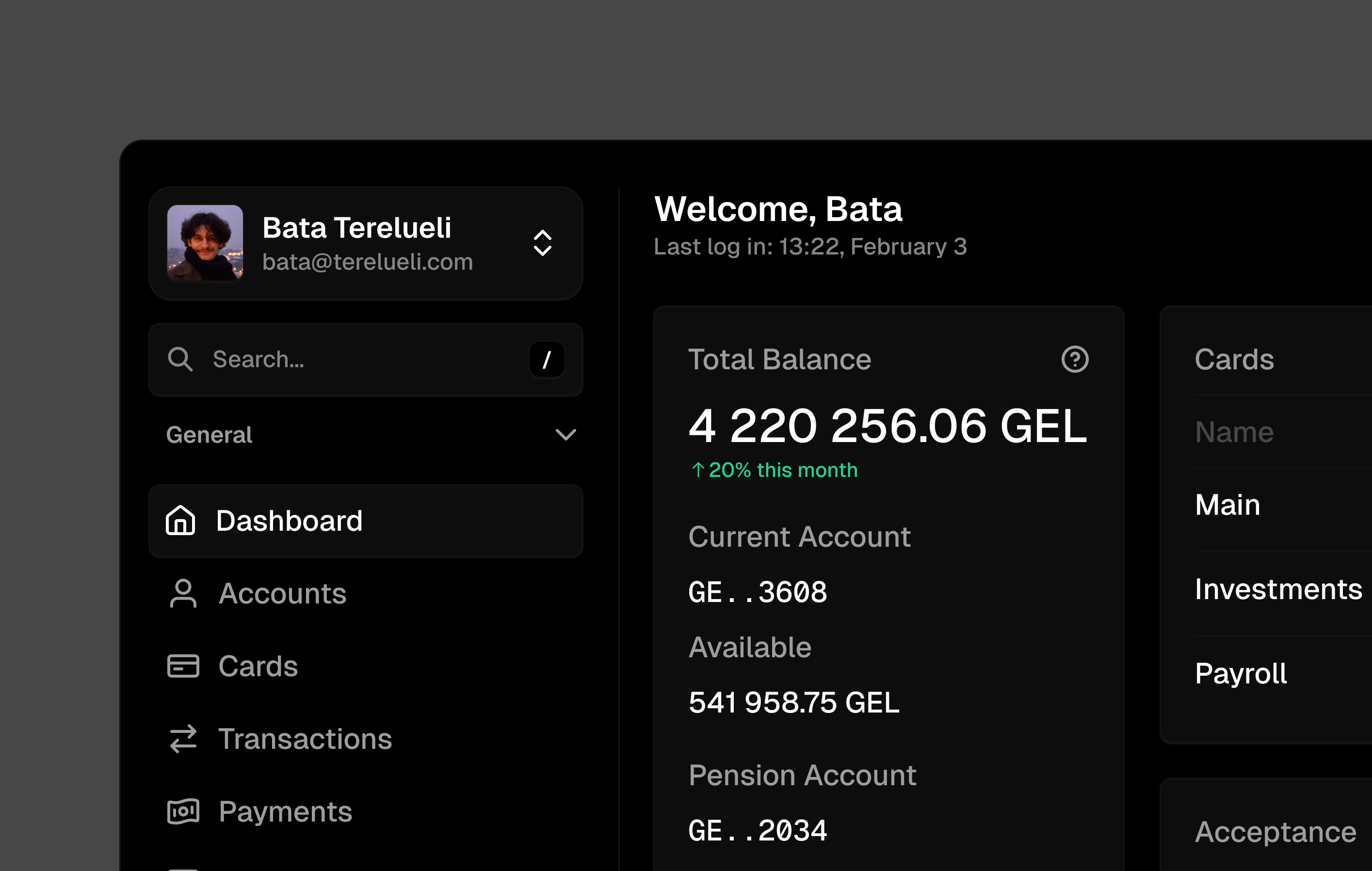 A screen of Bata Terelueli's business banking project