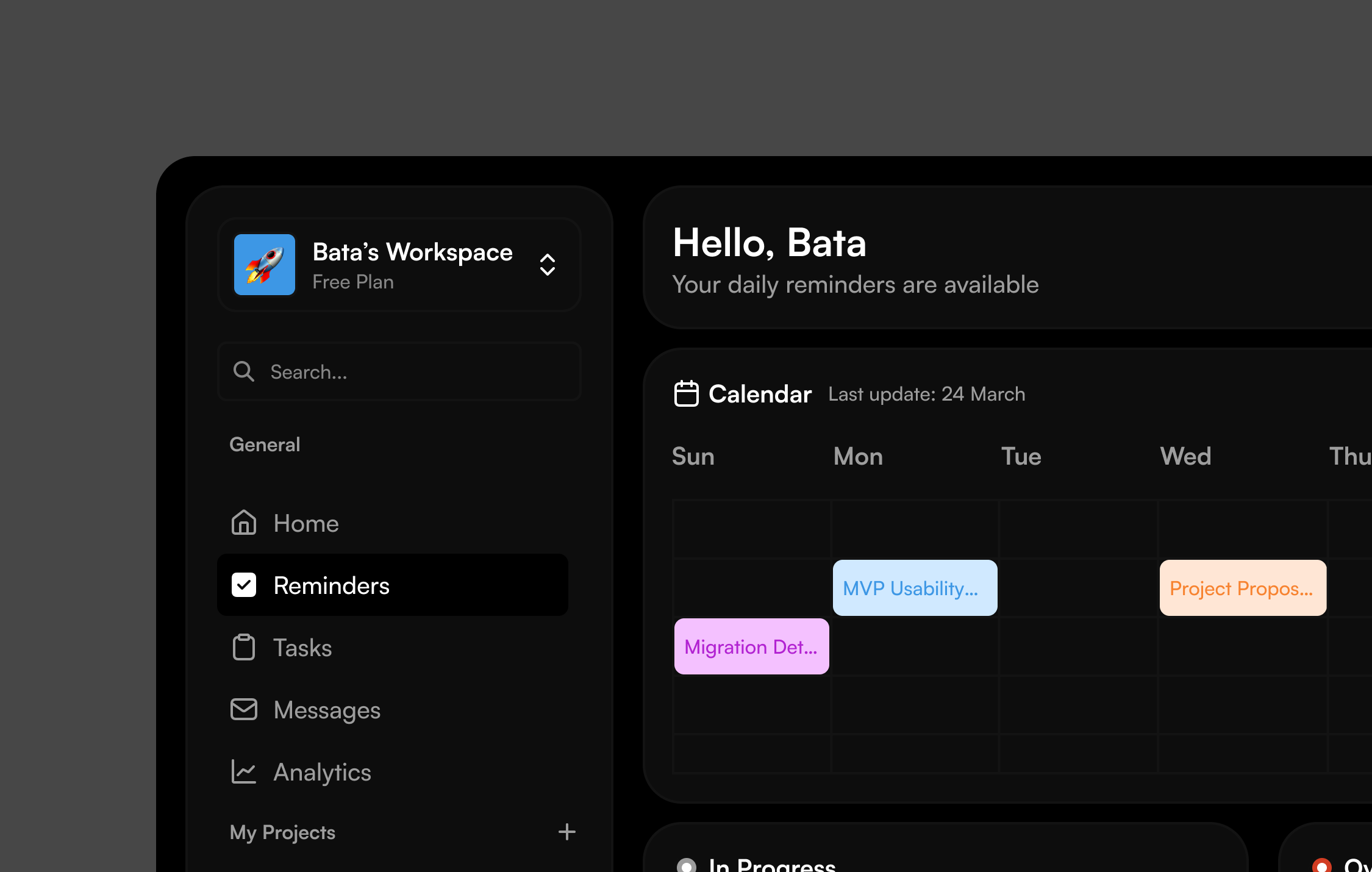 A screen of Bata Terelueli's task management project