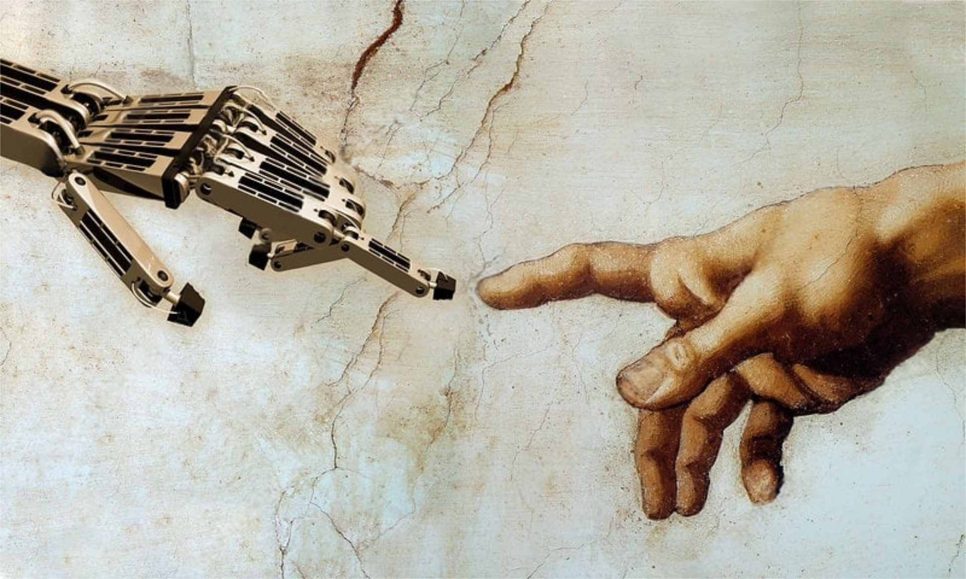 Michelangelo's Creation of Adam, with the hand of Adam being replaced by one of a robot
